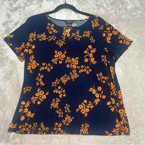 Liz Claiborne Career Short Sleeve Blouse Top Women’s Large Blue Orange Floral
